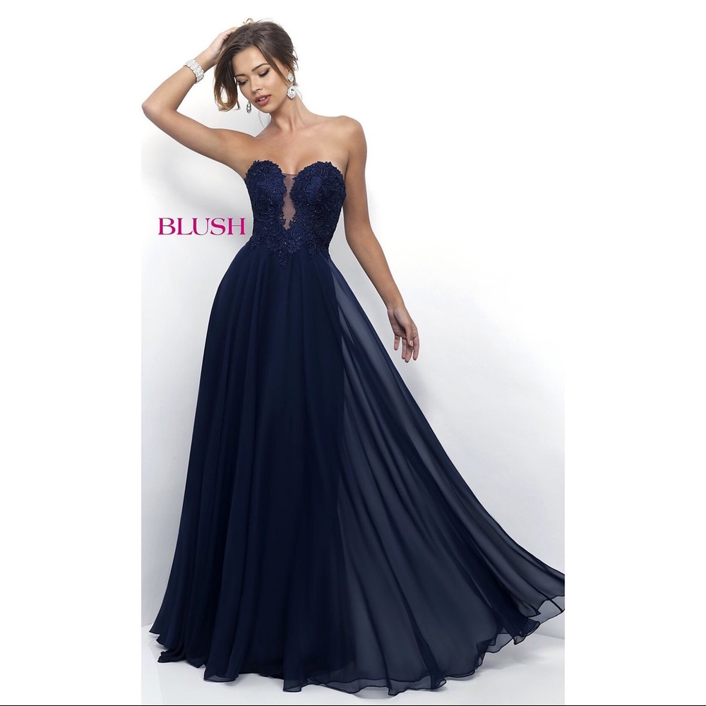 Long Chiffon Lace-Bodice Navy Blue Dress